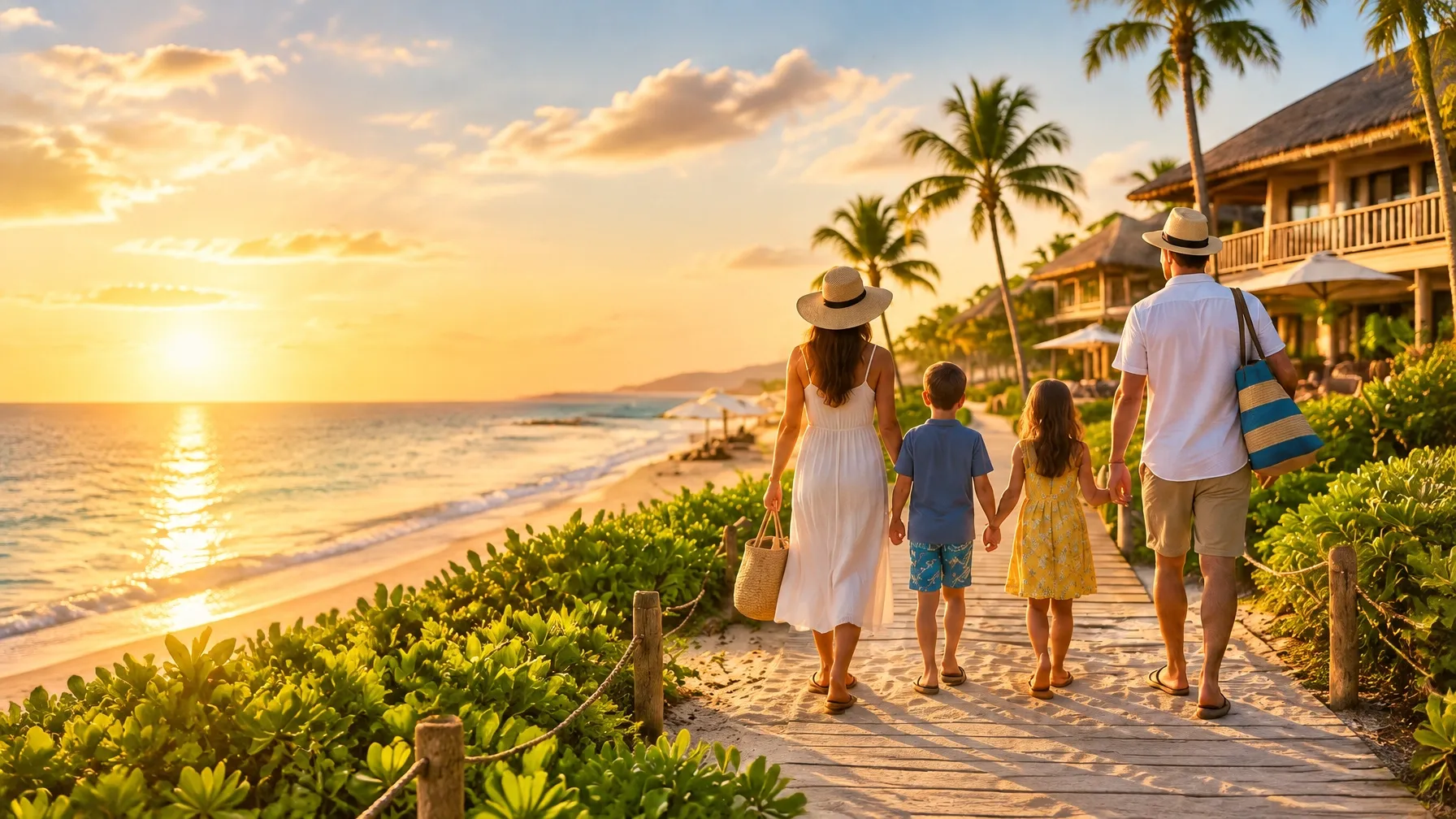 Family walking together along a tropical beach at sunset